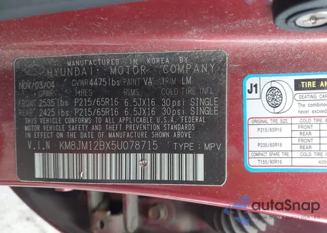 2005 Hyundai Tucson Gl z USA, uszkodzony, nr VIN KM8JM12BX5U078715